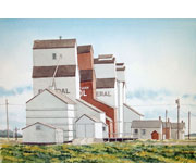 Bob Pitzel - Shifting Structures. A group of prairie elevators that have been shifted by winter frosts. Size; 9x12 (inches).